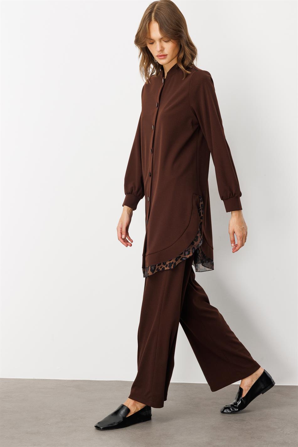 Crêpe stretchstof met luipaardprint en chiffon details - Cape Abaya - Koffie