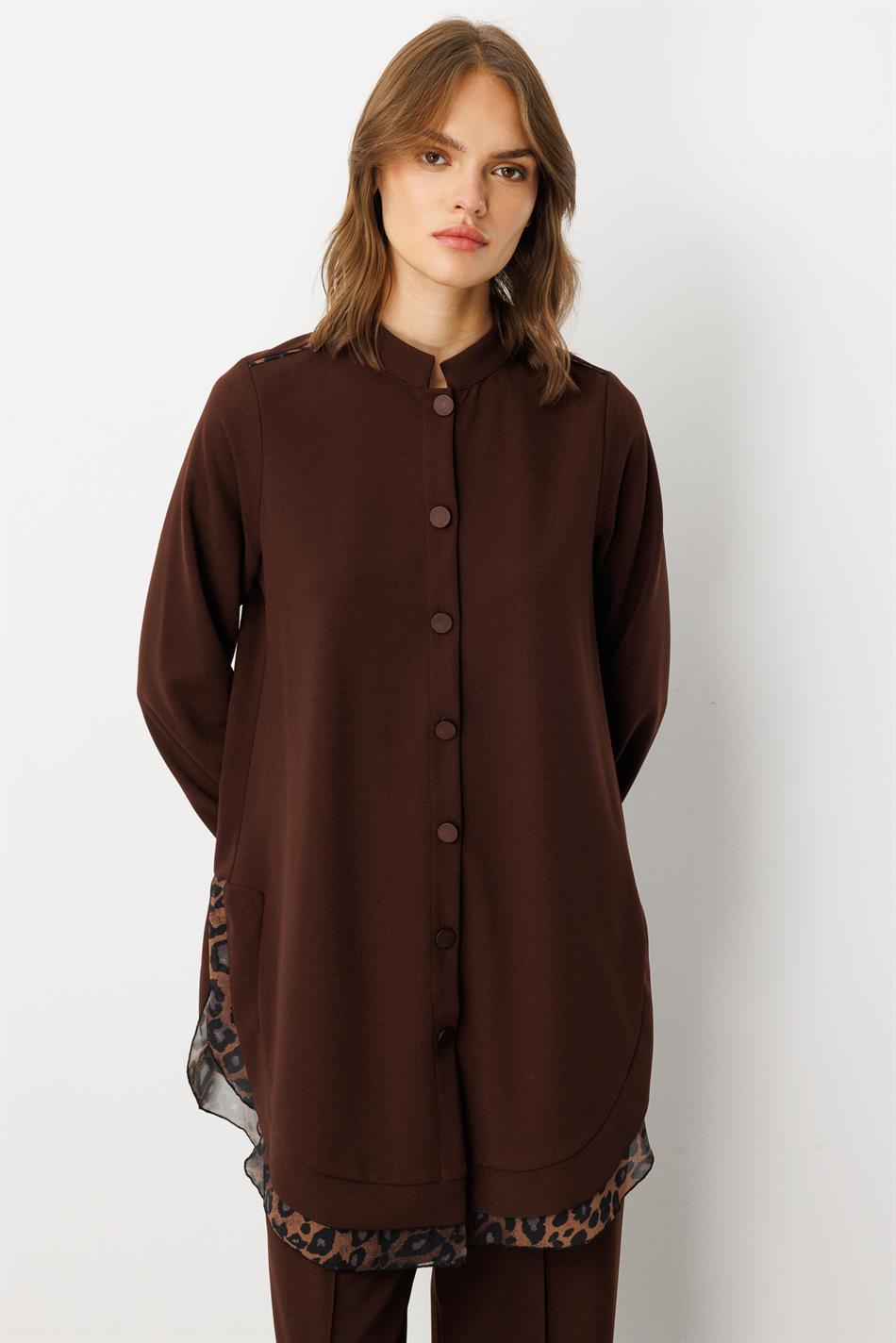 Crêpe stretchstof met luipaardprint en chiffon details - Cape Abaya - Koffie