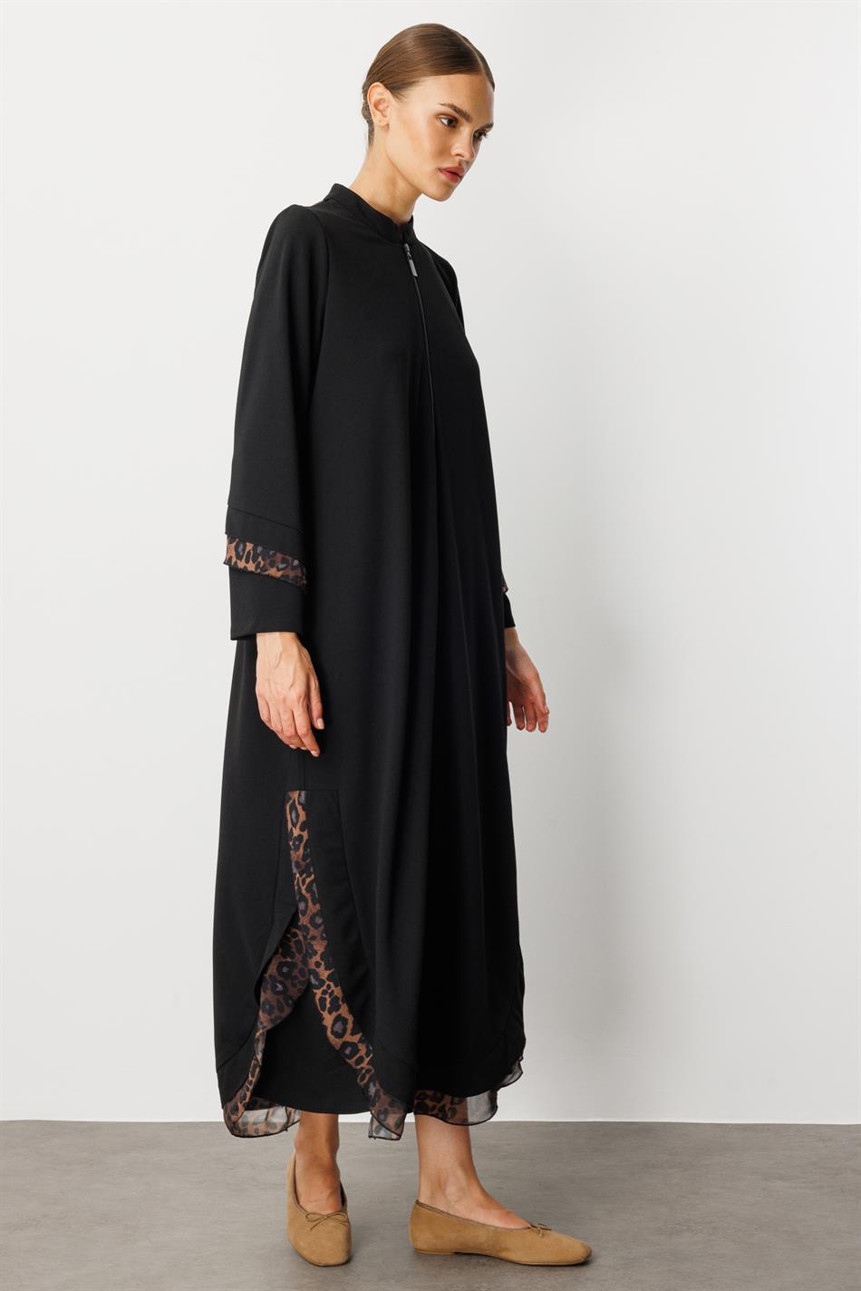 Crepe Stretch Fabric Leopard Chiffon Embellished Detail Cape Abaya - Black