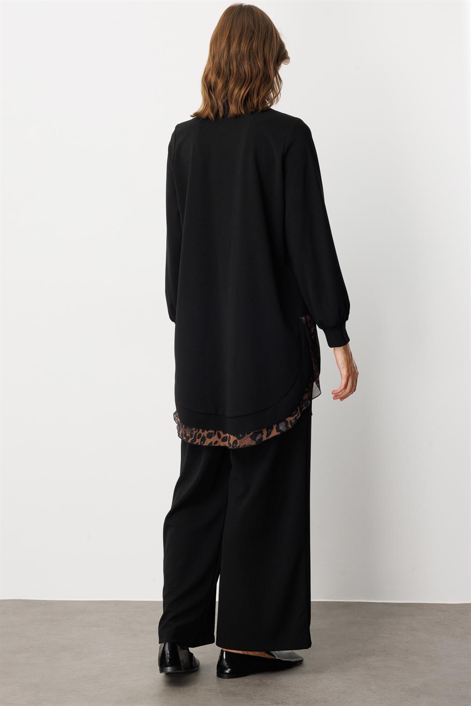 Capaya/abaya van crêpe stretchstof met luipaardprint en chiffon details - Zwart