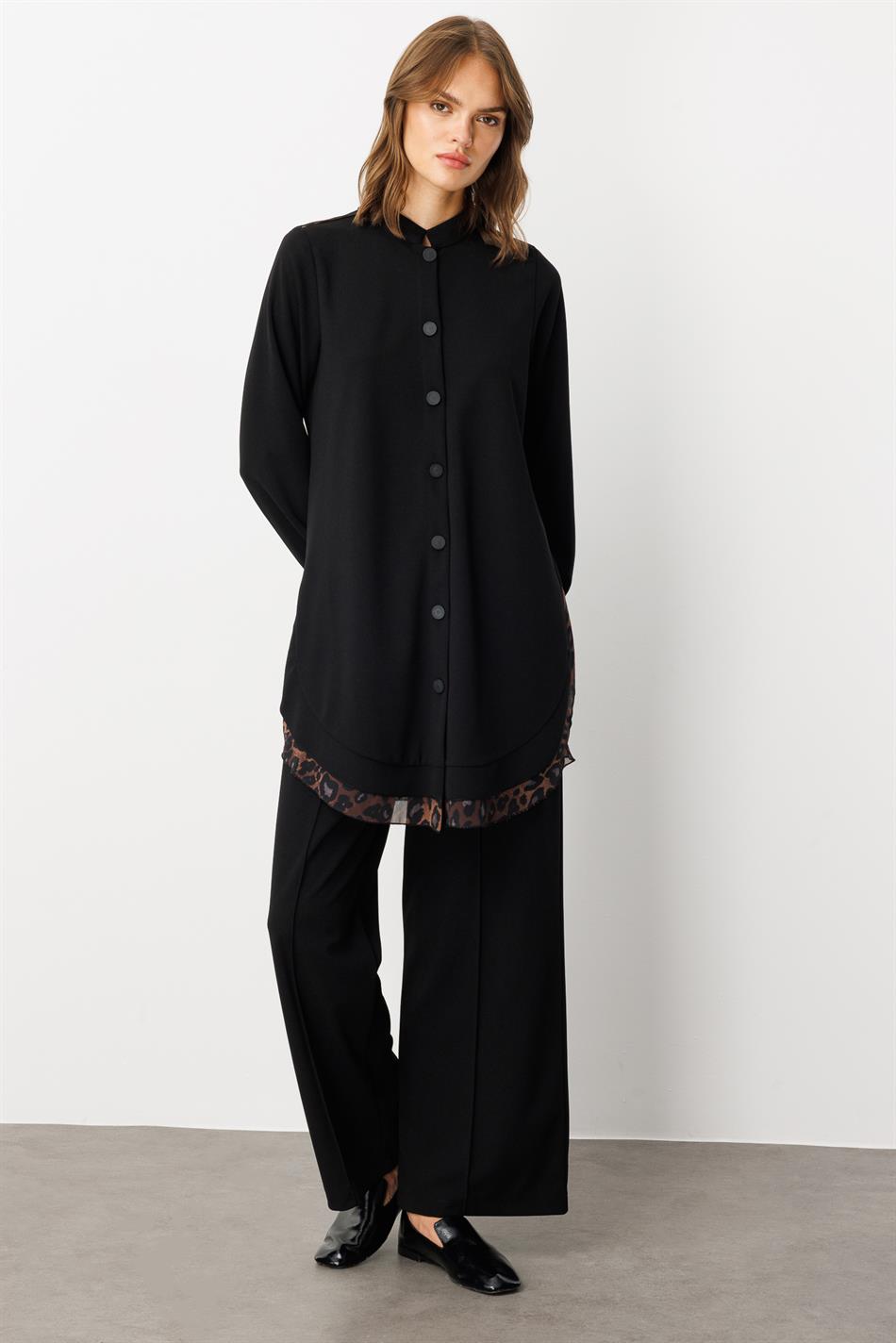 Capaya/abaya van crêpe stretchstof met luipaardprint en chiffon details - Zwart