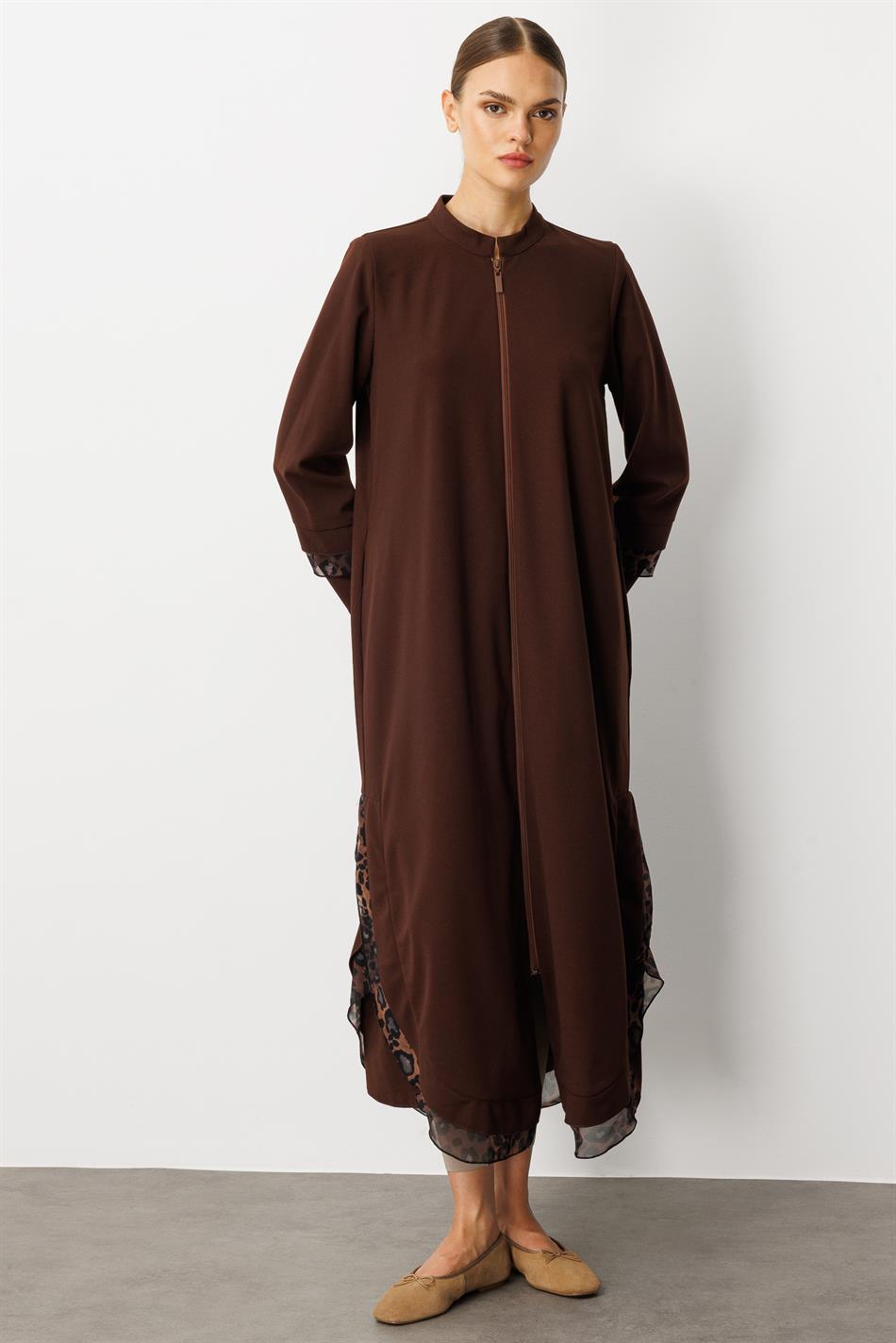 Krep Esnek Doku Leopar Şifon Garni Detaylı Kap Ferace-Kahve