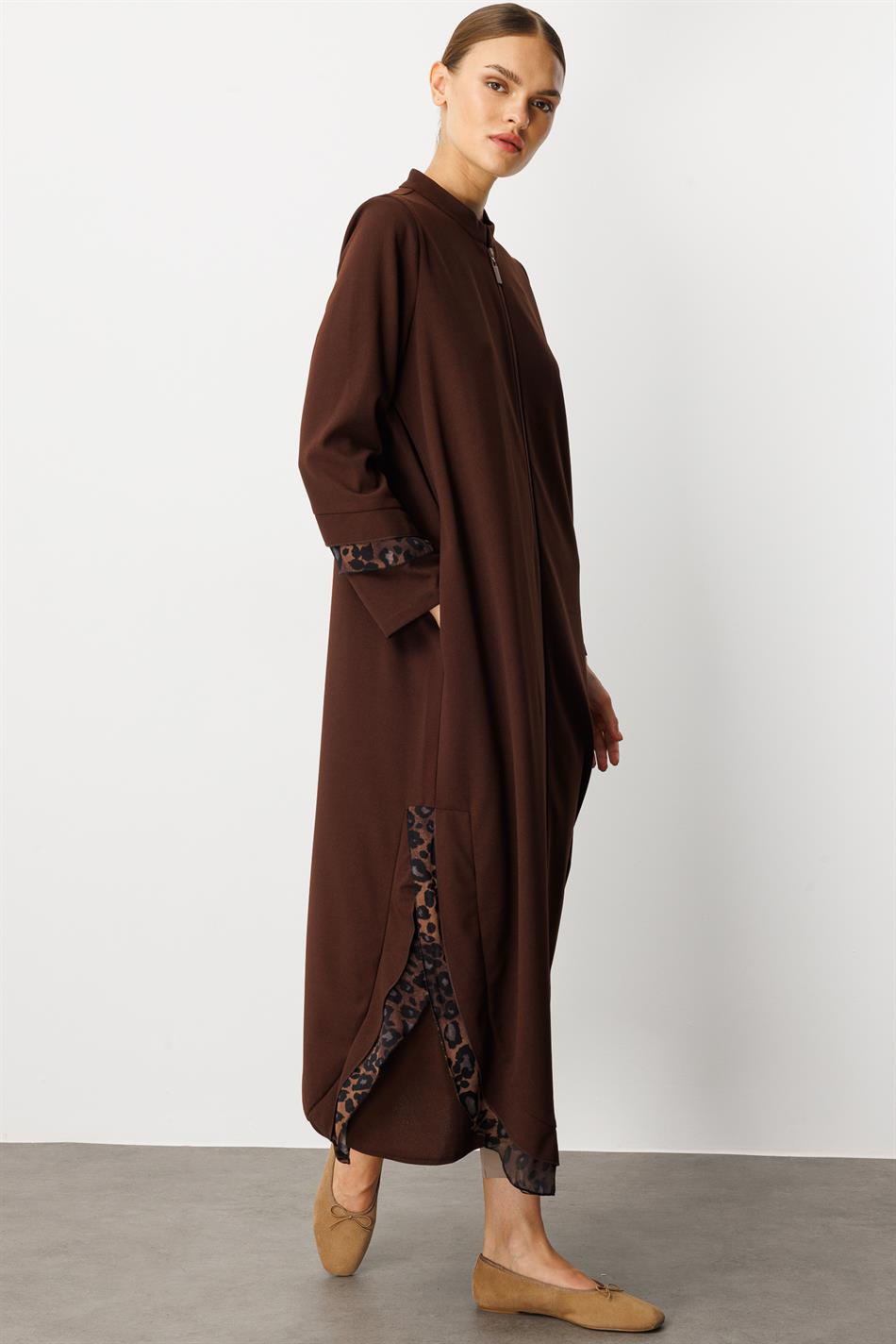 Krep Esnek Doku Leopar Şifon Garni Detaylı Kap Ferace-Kahve