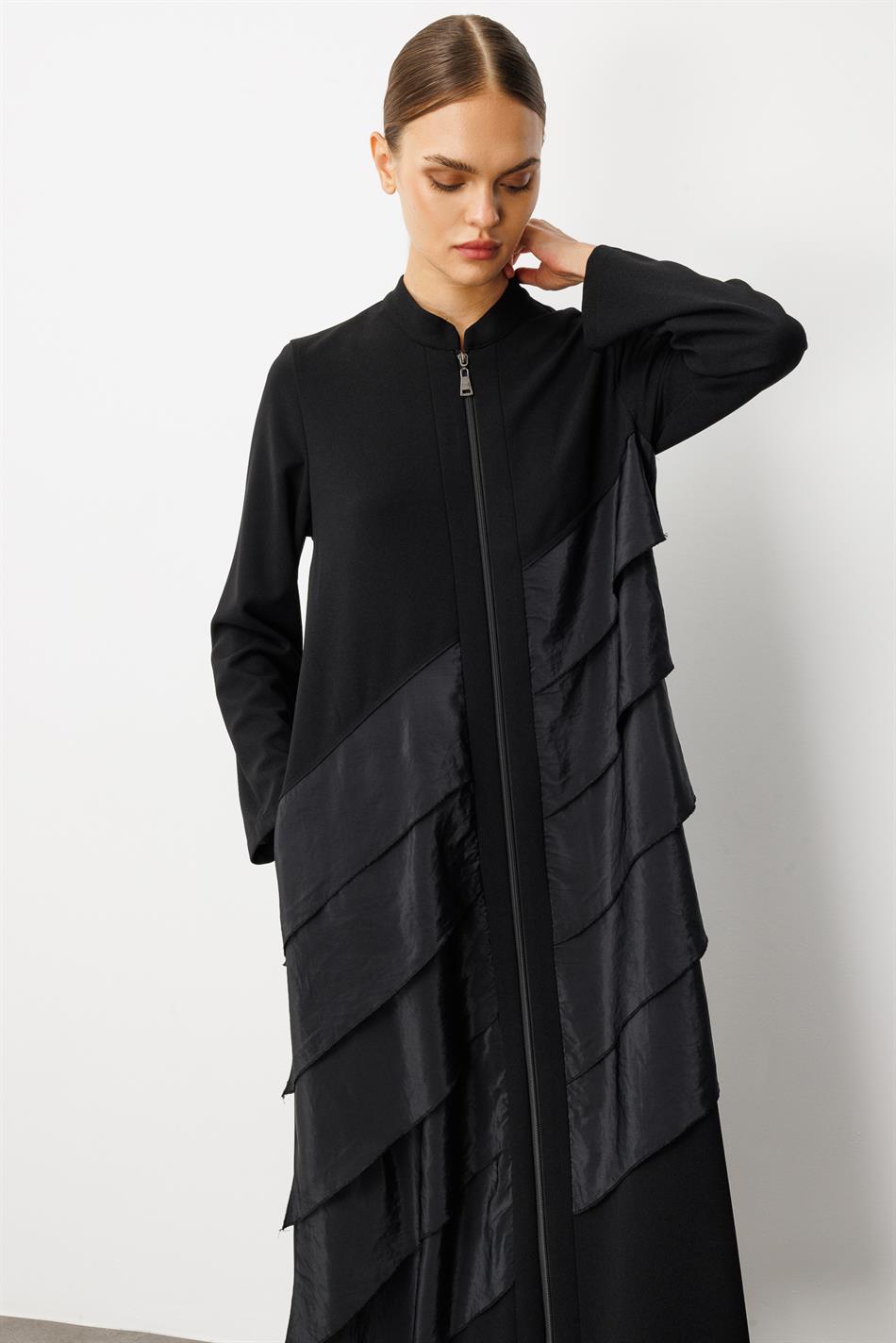 Krep Stretch Parça Poly Cupra Ruffle Trim Ətraflı Cape Abaya - Black