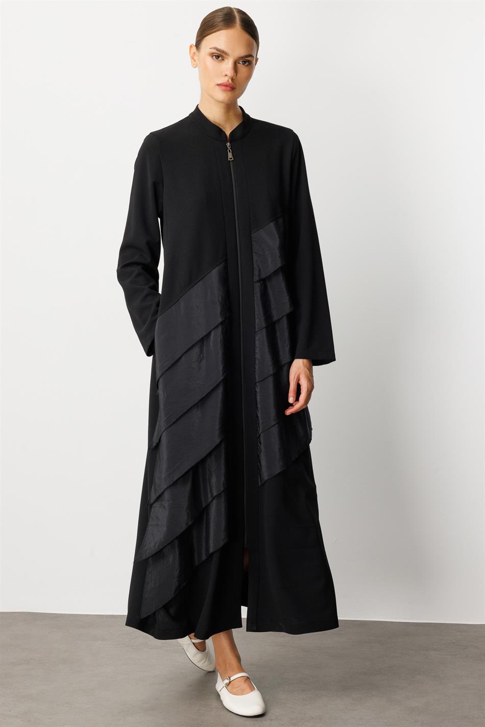 Krep Stretch Parça Poly Cupra Ruffle Trim Ətraflı Cape Abaya - Black