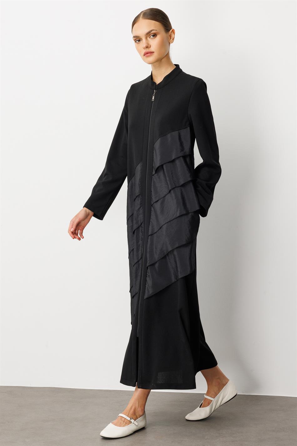 Krep Stretch Parça Poly Cupra Ruffle Trim Ətraflı Cape Abaya - Black
