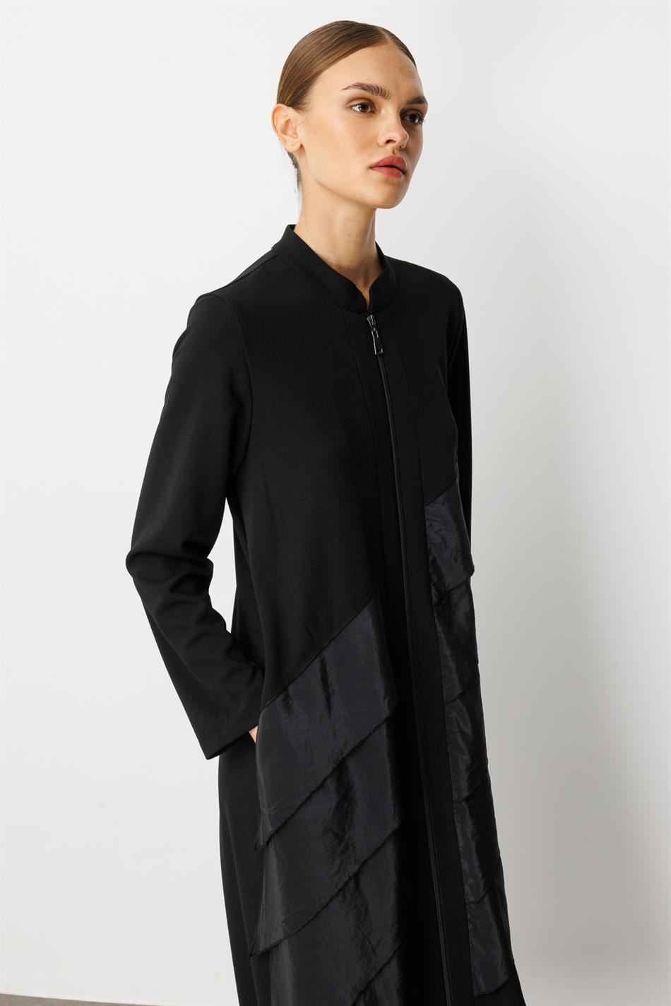 Krep Stretch Parça Poly Cupra Ruffle Trim Ətraflı Cape Abaya - Black