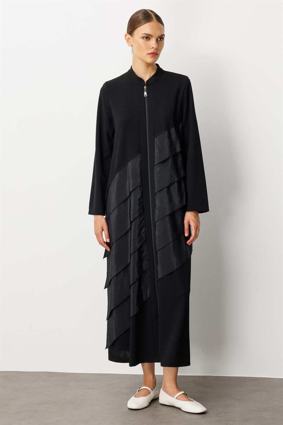 Krep Stretch Parça Poly Cupra Ruffle Trim Ətraflı Cape Abaya - Black