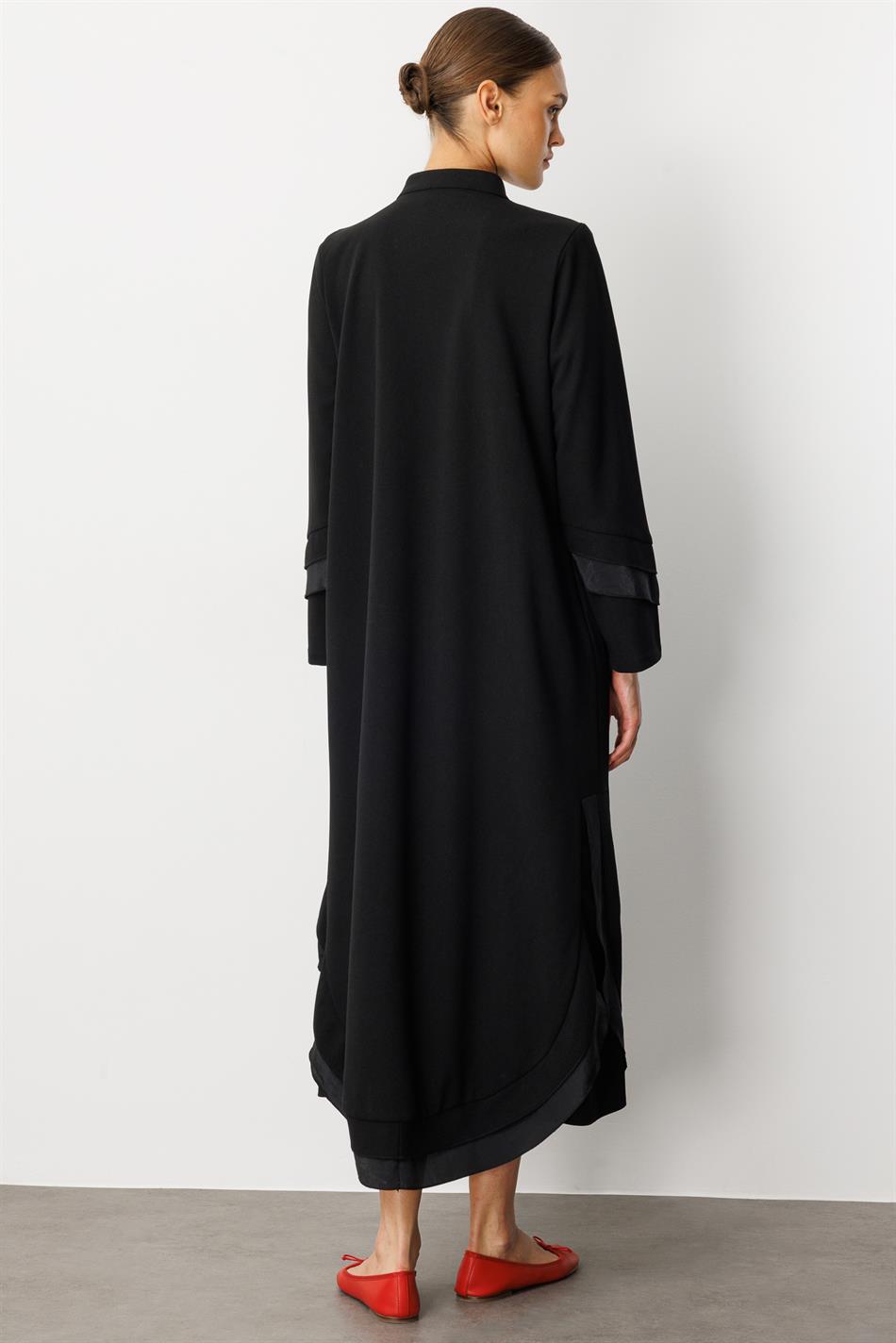Crêpe stretchstof met chiffonversiering - cape abaya - zwart
