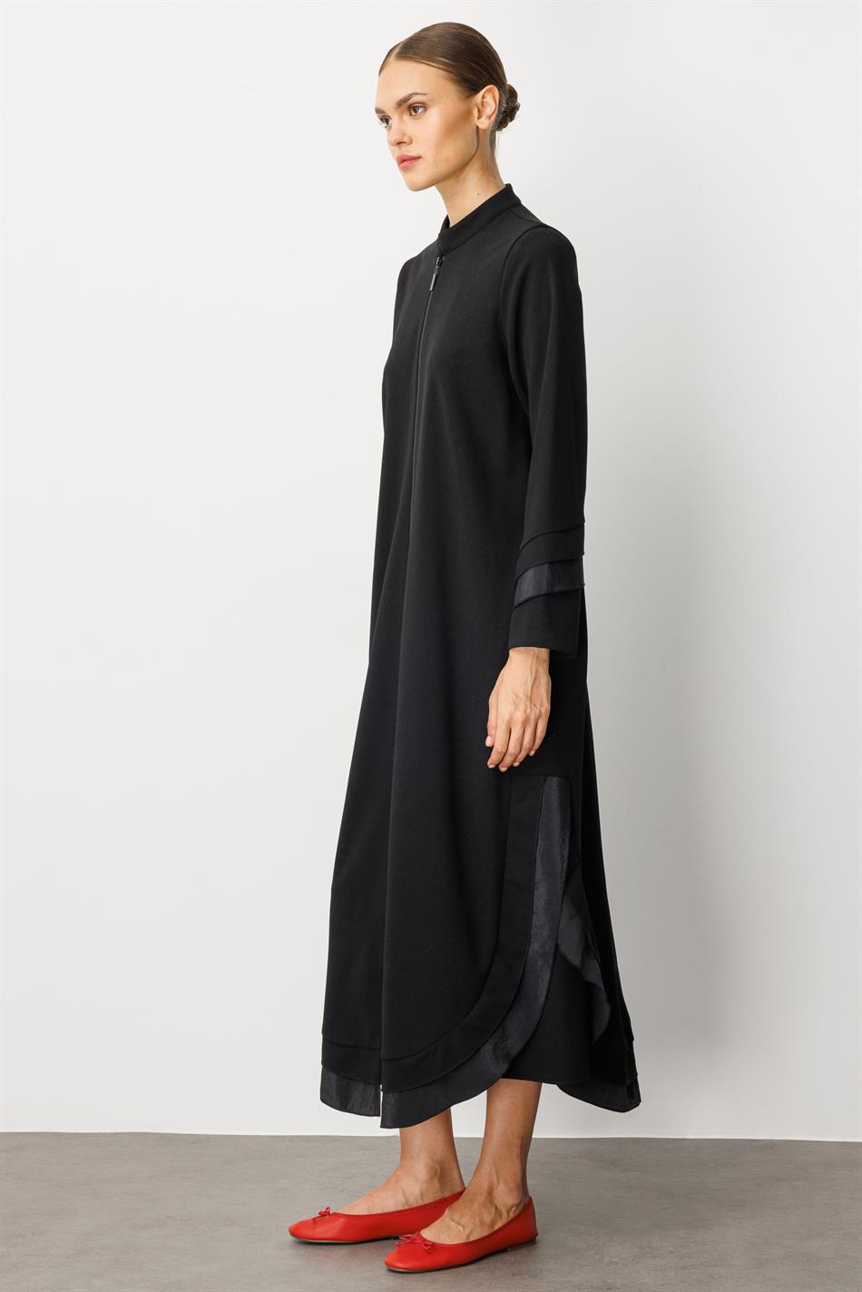 Crêpe stretchstof met chiffonversiering - cape abaya - zwart
