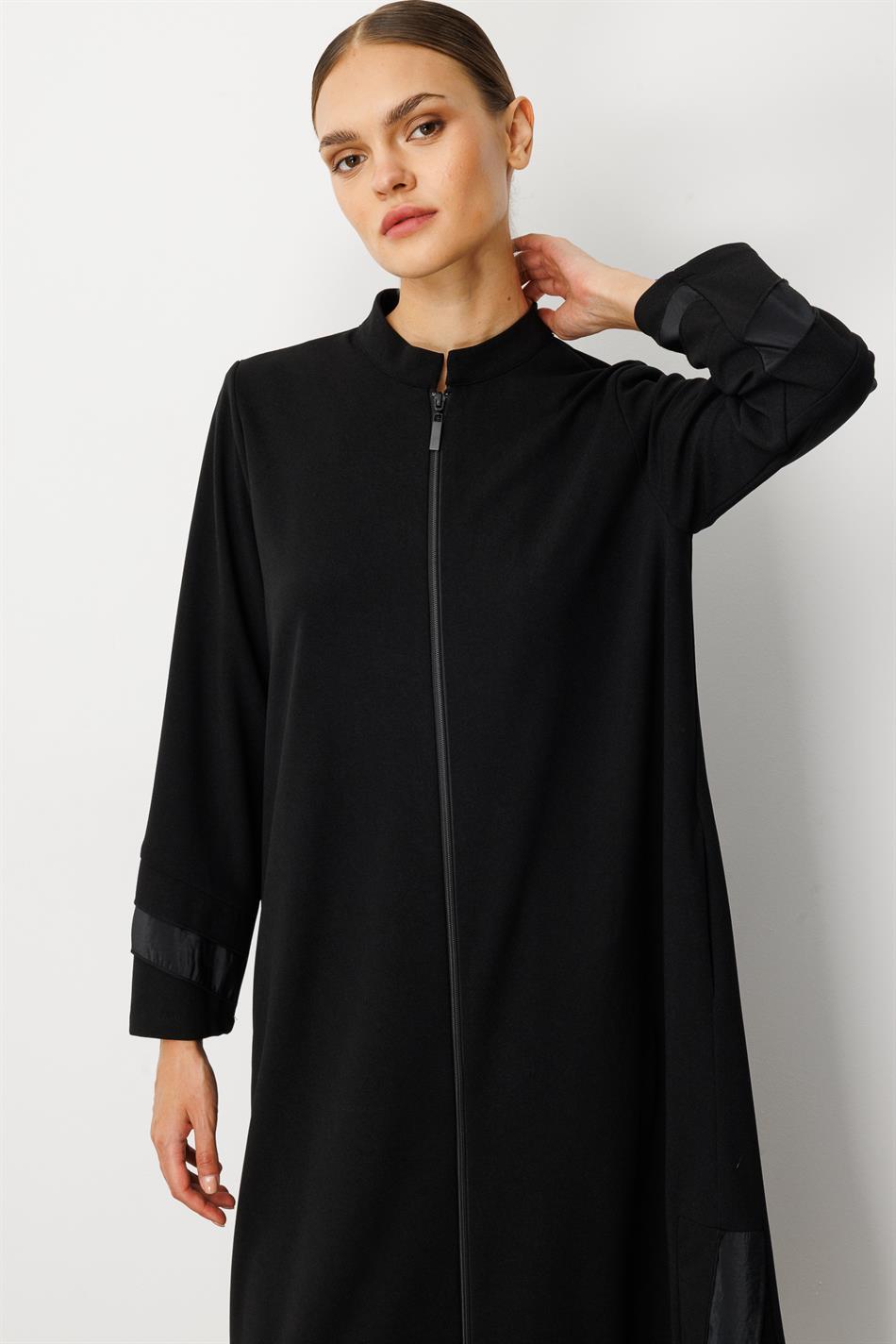 Crêpe stretchstof met chiffonversiering - cape abaya - zwart