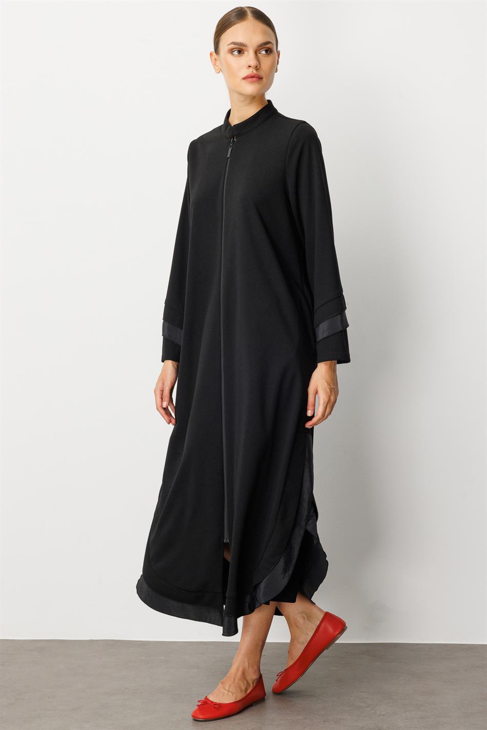Crêpe stretchstof met chiffonversiering - cape abaya - zwart