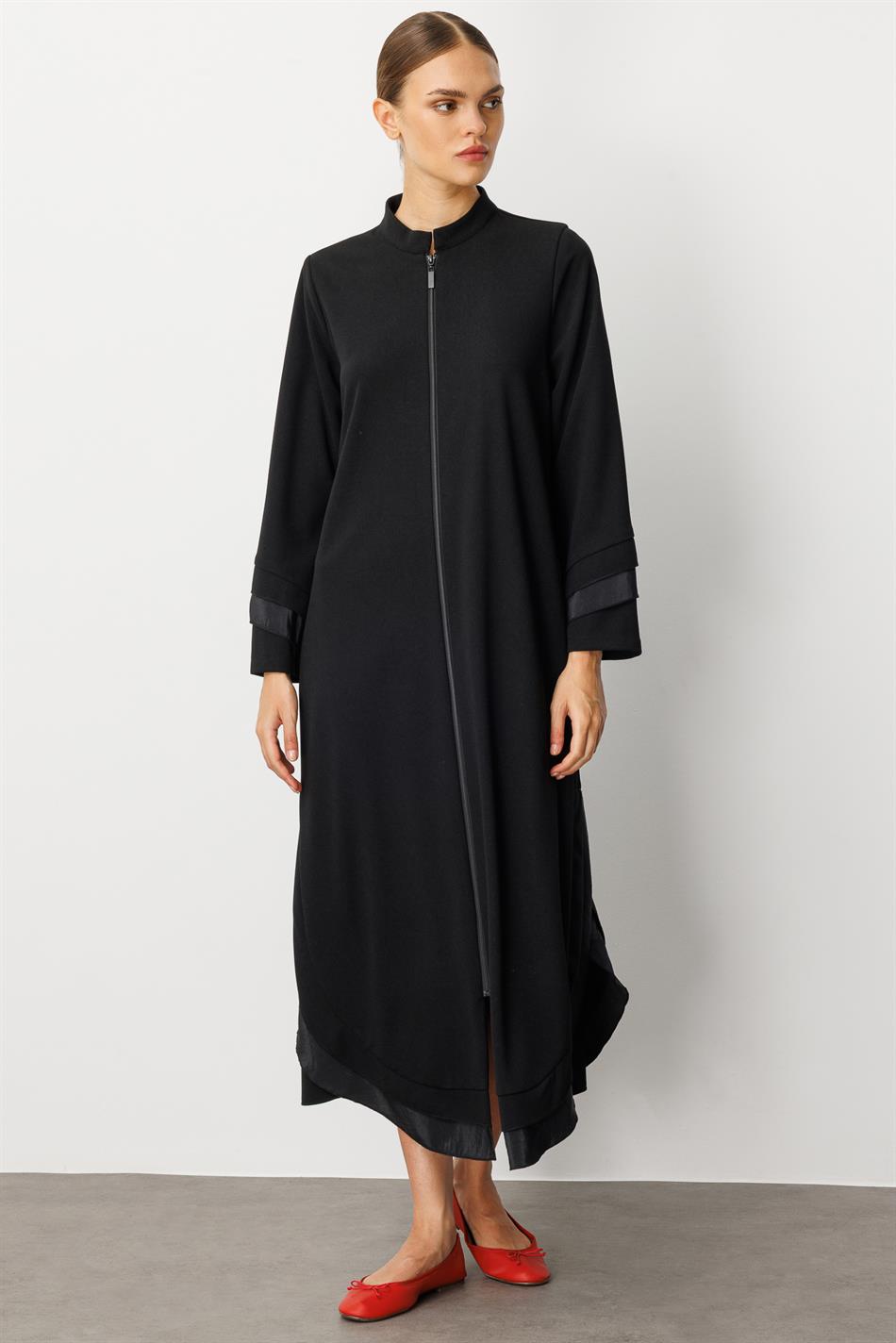Crêpe stretchstof met chiffonversiering - cape abaya - zwart