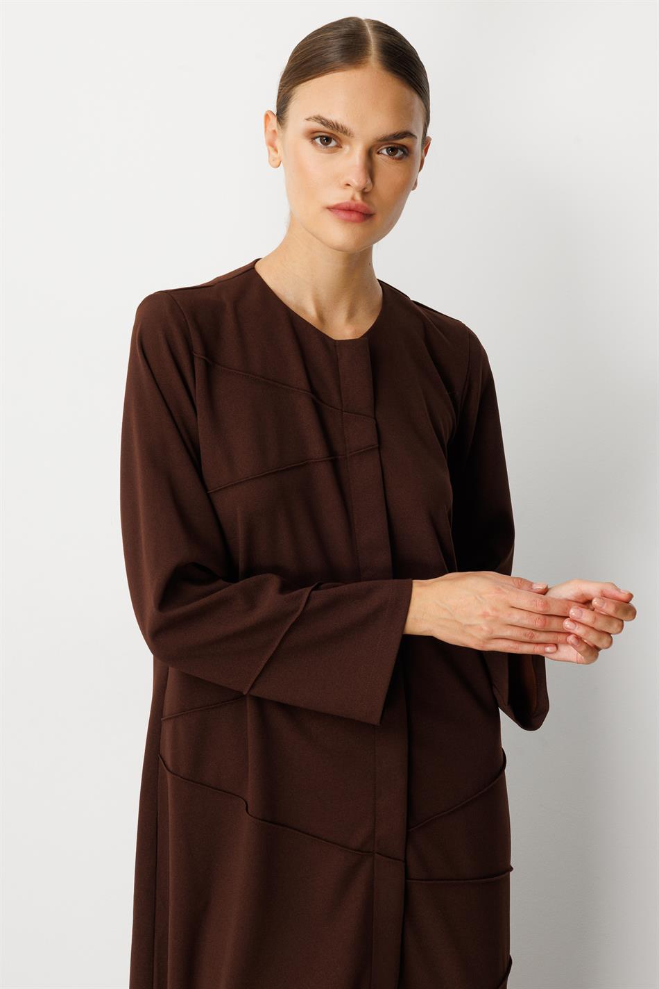 Rekbare crêpe gebreide stof met textuur, handgemaakt, effen garnering, effen jas/abayas - koffie