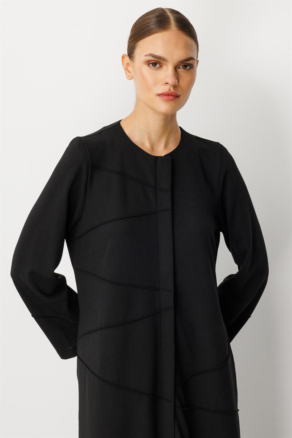 Elastisch gebreide crêpe met textuur, handgemaakt en afgewerkt, effen jas/hoes - zwart