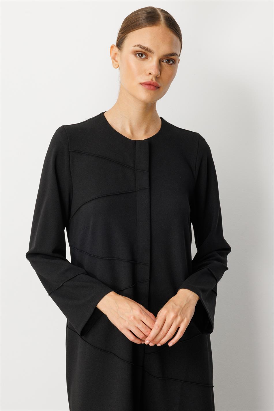 Elastisch gebreide crêpe met textuur, handgemaakt en afgewerkt, effen jas/hoes - zwart