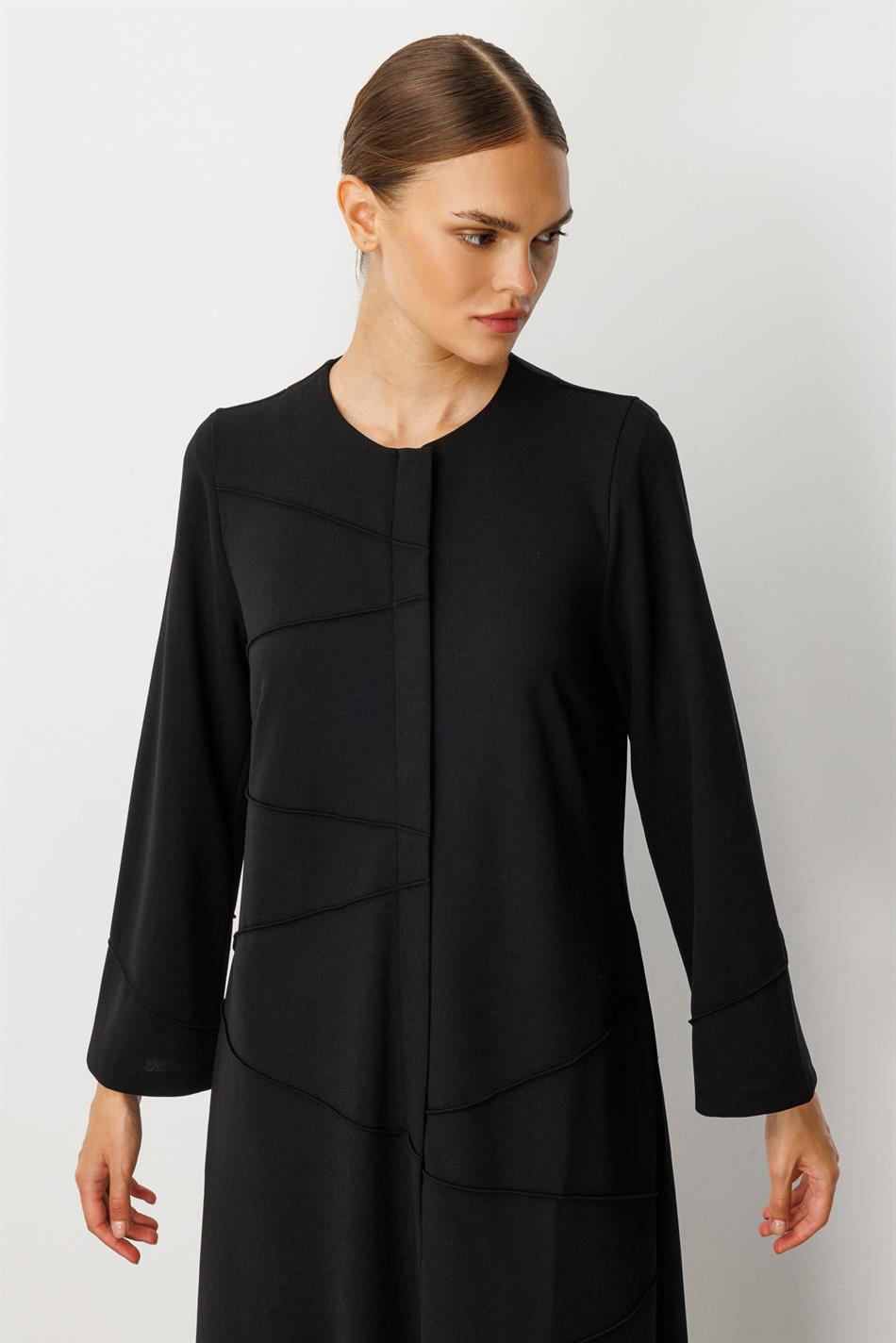 Elastisch gebreide crêpe met textuur, handgemaakt en afgewerkt, effen jas/hoes - zwart