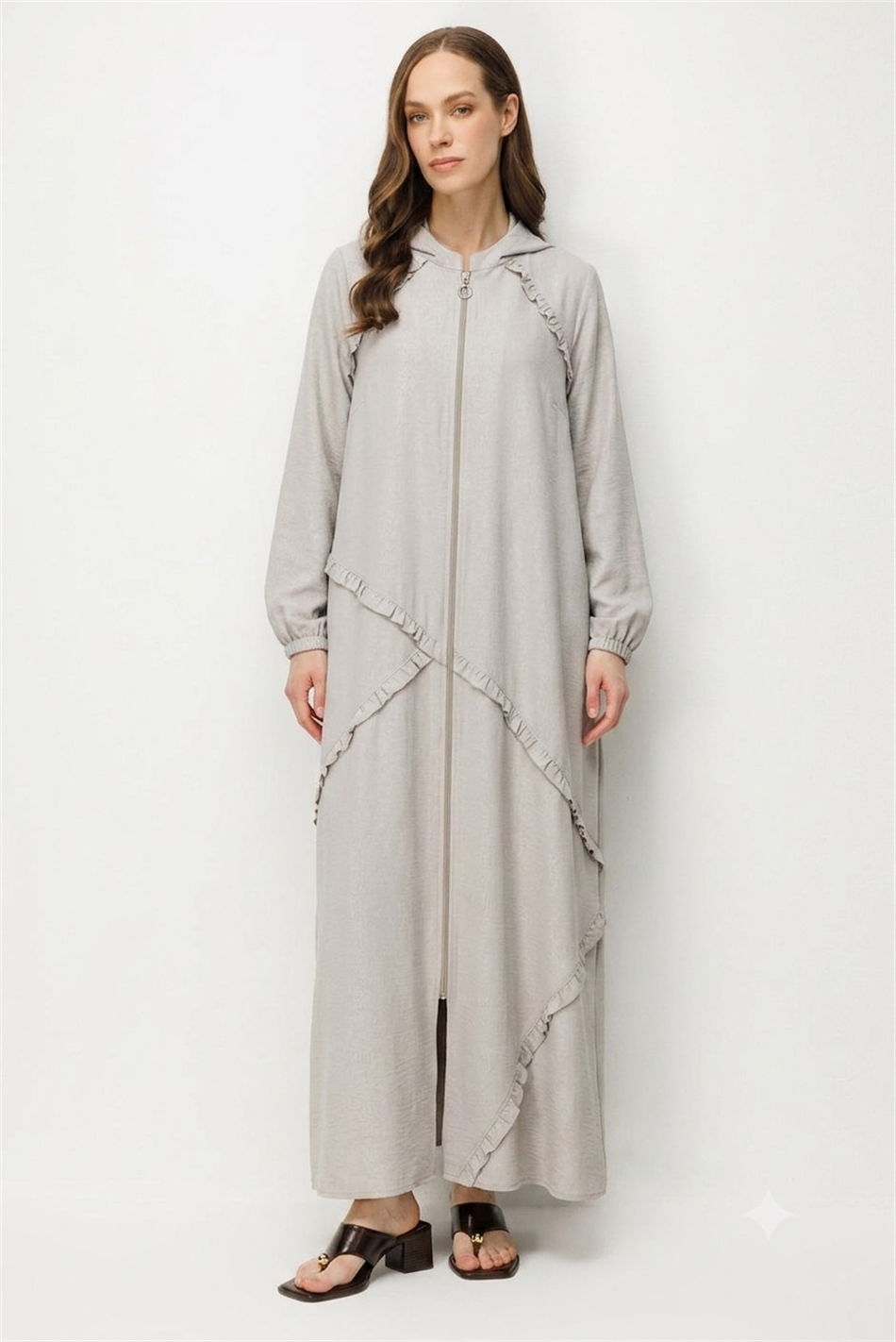 Zandpatroon Lichtgewicht Dunne Comfortabele Geplooide Abaya met Afwerking - Steen