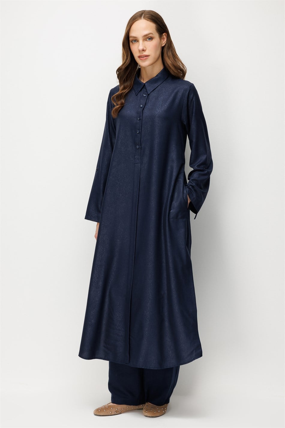 Kum Desen Maxi Tunik ve Pantalon Kombin Takım-Laci
