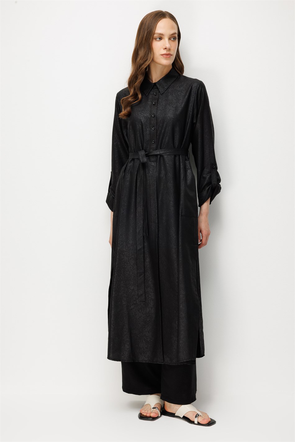 Kum Desen Maxi Tunik ve Pantalon Kombin Takım-Siyah