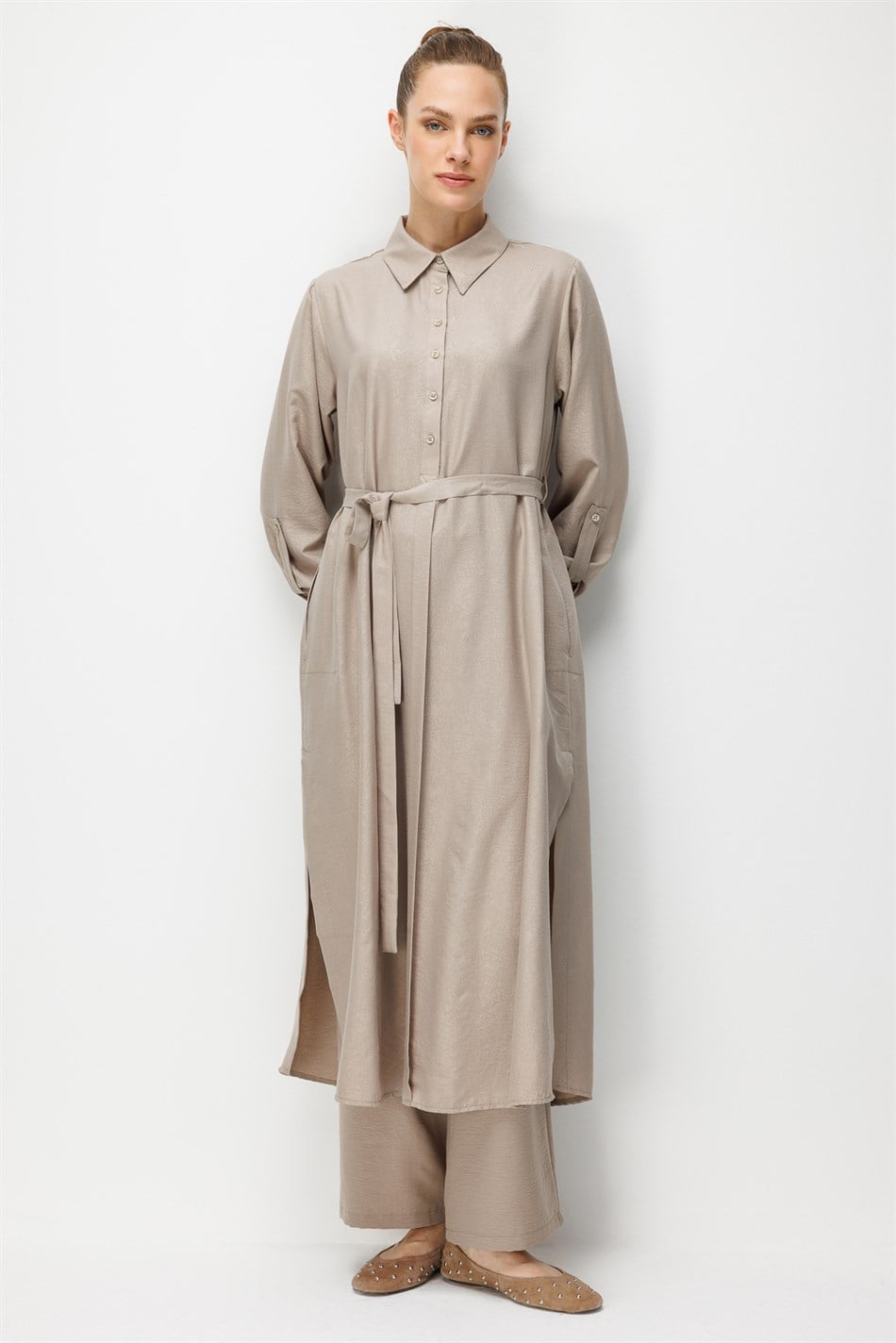 Kum Desen Maxi Tunik ve Pantalon Kombin Takım-Taş