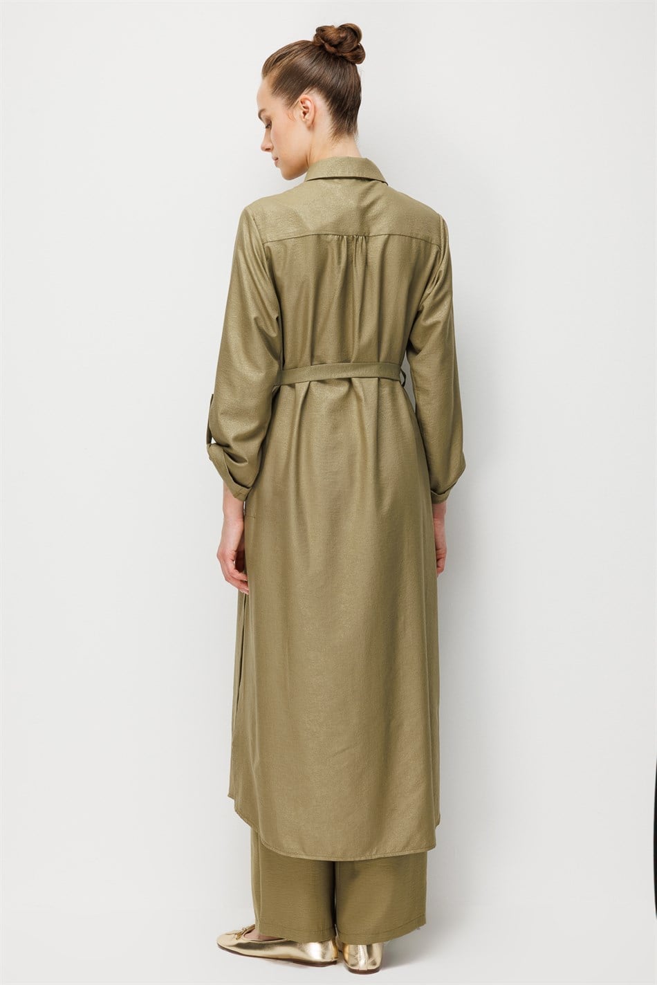 Kum Desen Maxi Tunik ve Pantalon Kombin Takım-Haki