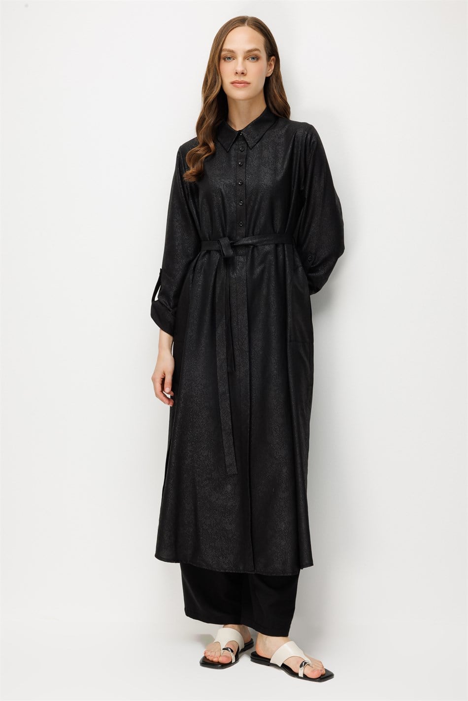 Kum Desen Maxi Tunik ve Pantalon Kombin Takım-Siyah