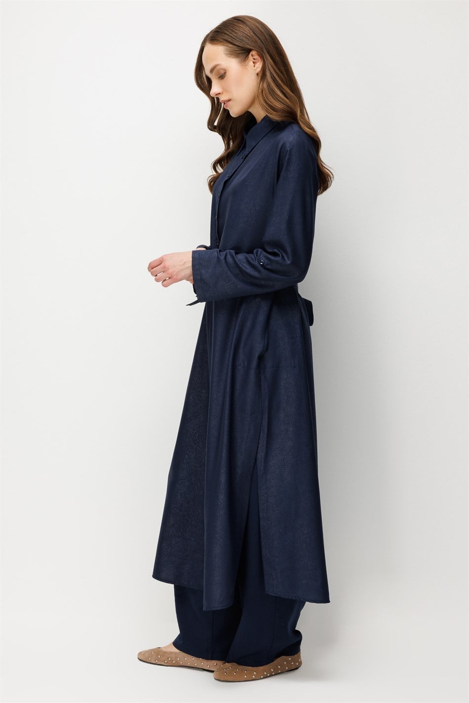 Kum Desen Maxi Tunik ve Pantalon Kombin Takım-Laci
