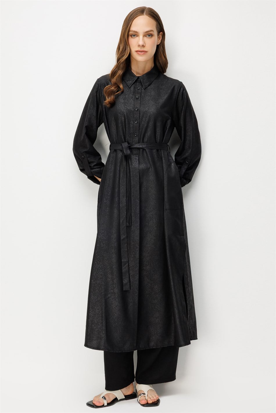 Kum Desen Maxi Tunik ve Pantalon Kombin Takım-Siyah