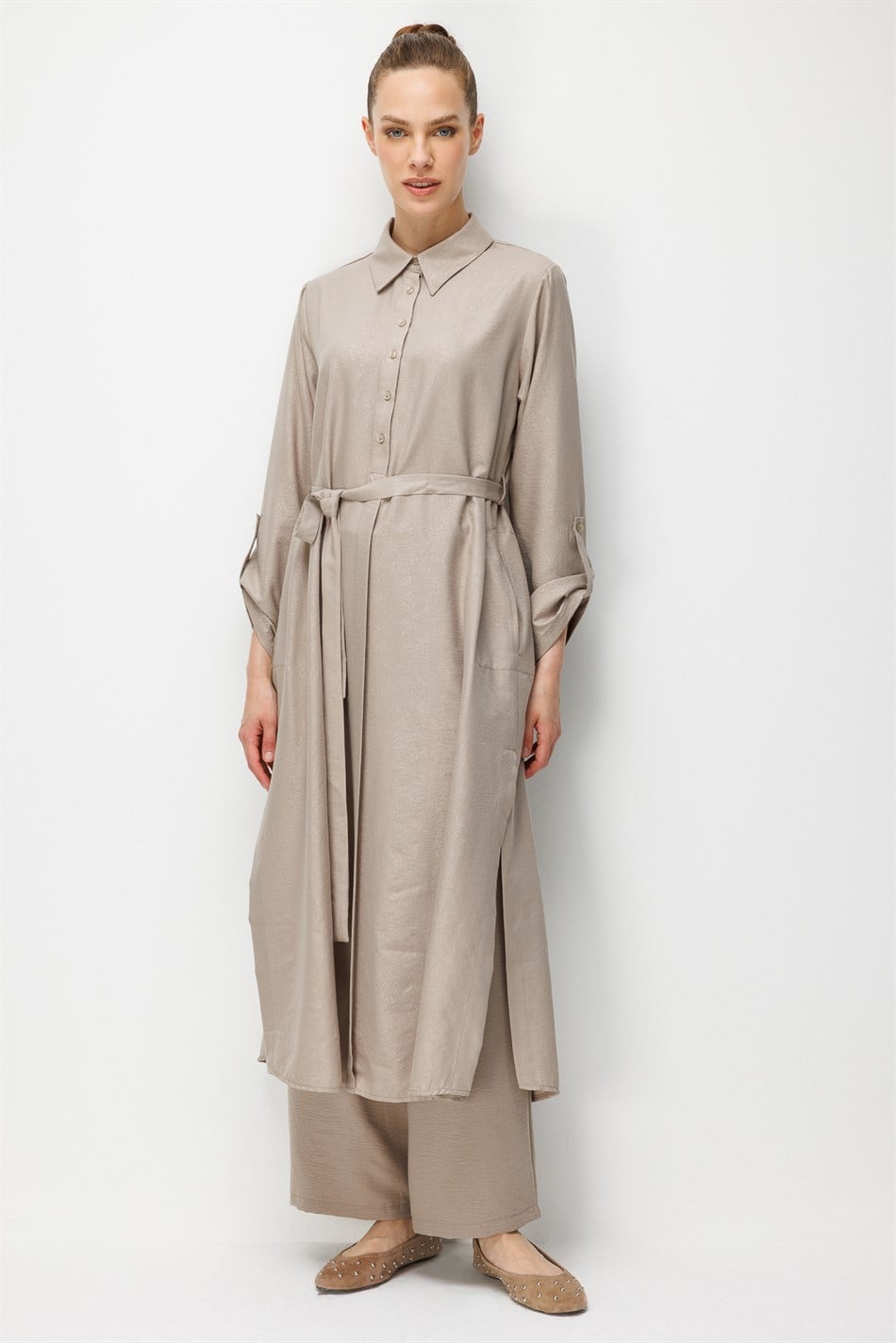 Kum Desen Maxi Tunik ve Pantalon Kombin Takım-Taş
