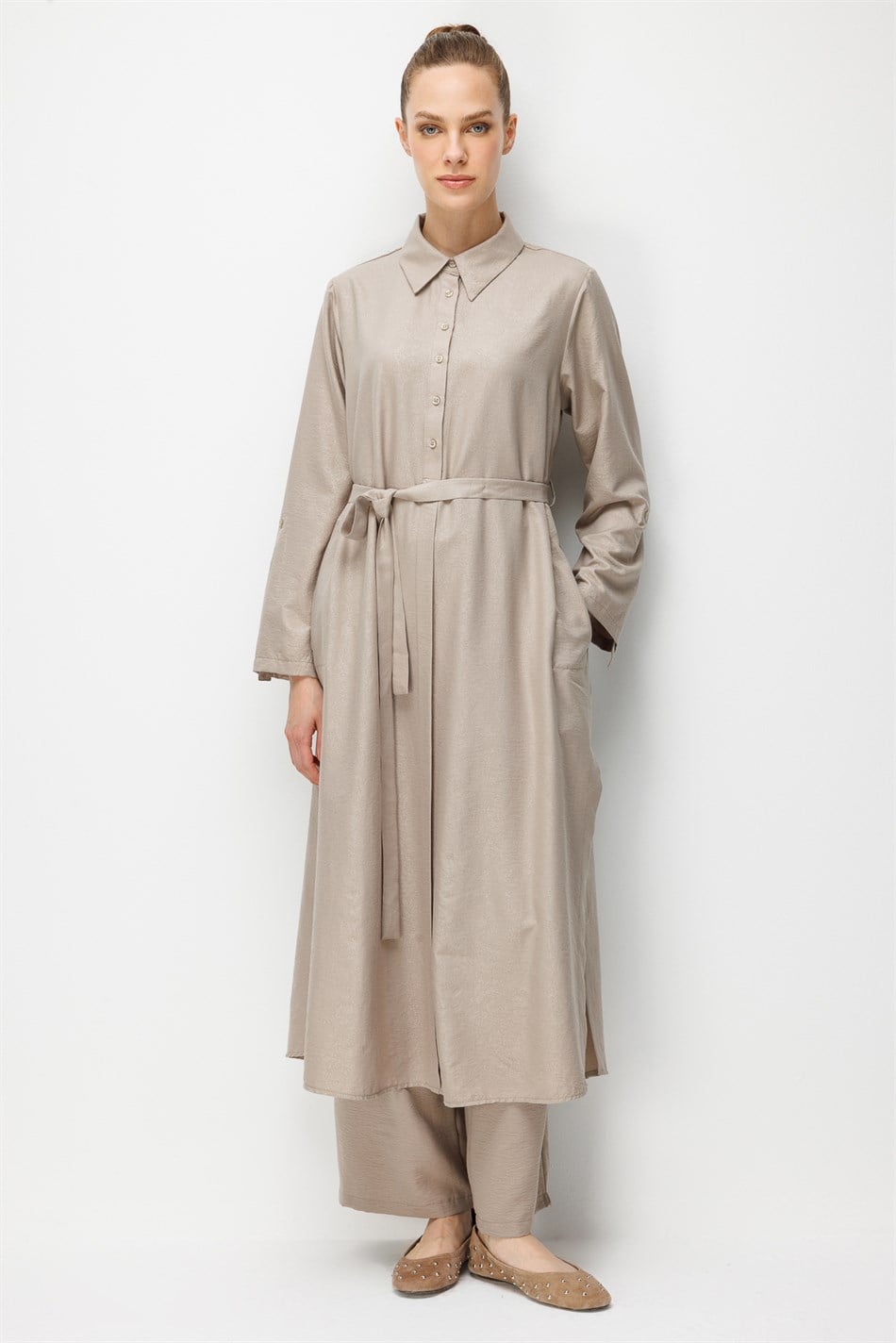 Kum Desen Maxi Tunik ve Pantalon Kombin Takım-Taş