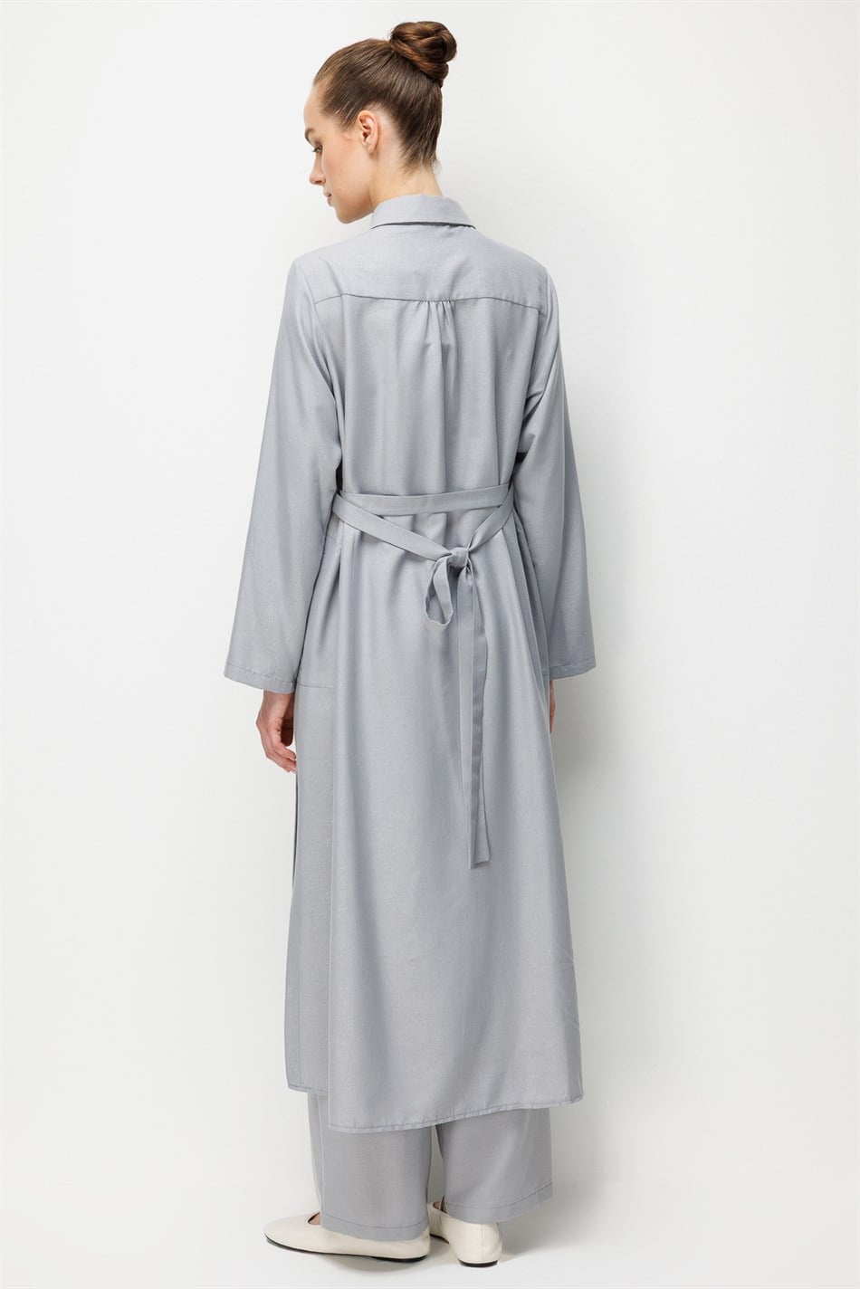 Kum Desen Maxi Tunik ve Pantalon Kombin Takım-Gri