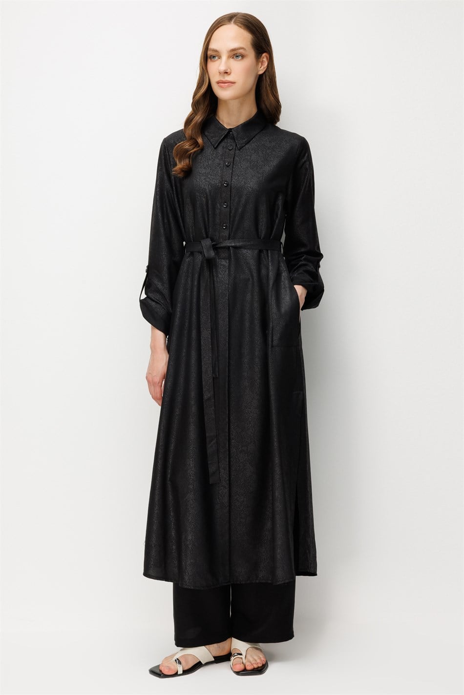 Kum Desen Maxi Tunik ve Pantalon Kombin Takım-Siyah