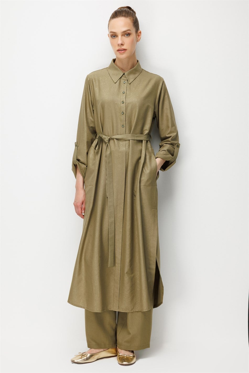 Kum Desen Maxi Tunik ve Pantalon Kombin Takım-Haki