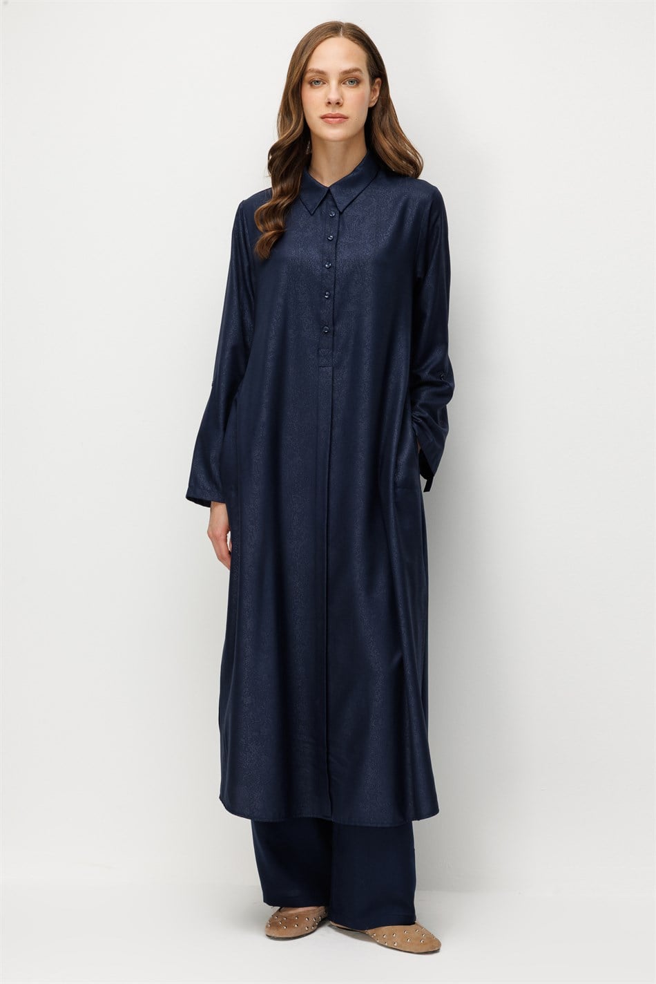 Kum Desen Maxi Tunik ve Pantalon Kombin Takım-Laci