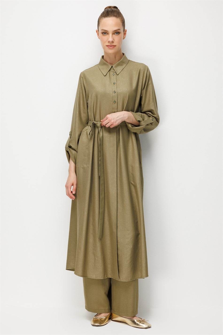 Kum Desen Maxi Tunik ve Pantalon Kombin Takım-Haki