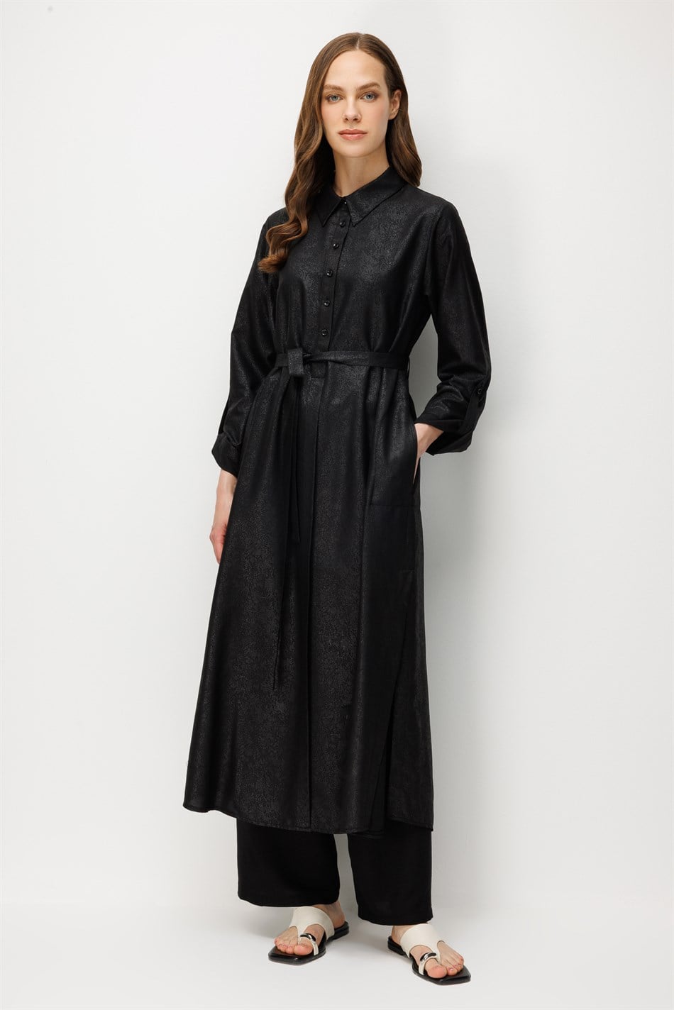 Kum Desen Maxi Tunik ve Pantalon Kombin Takım-Siyah