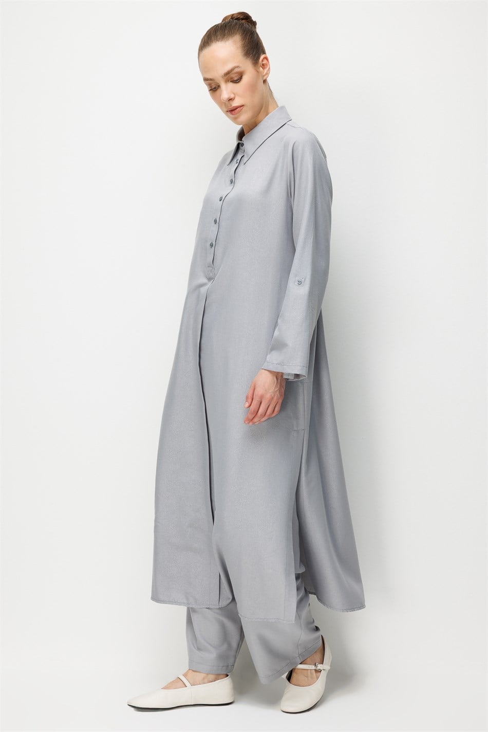 Kum Desen Maxi Tunik ve Pantalon Kombin Takım-Gri