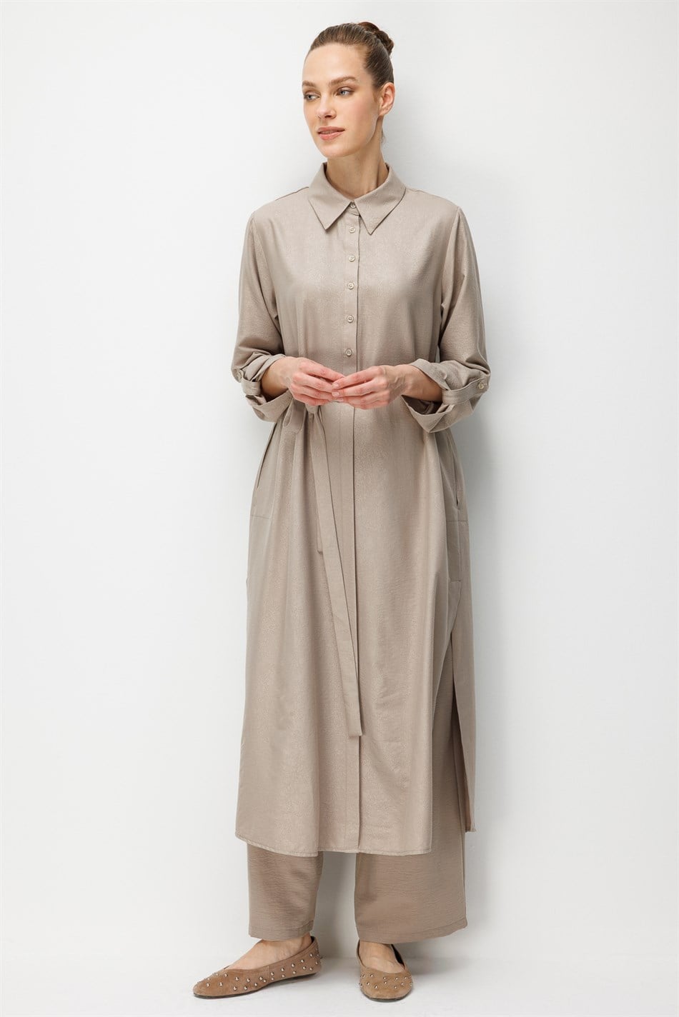 Kum Desen Maxi Tunik ve Pantalon Kombin Takım-Taş