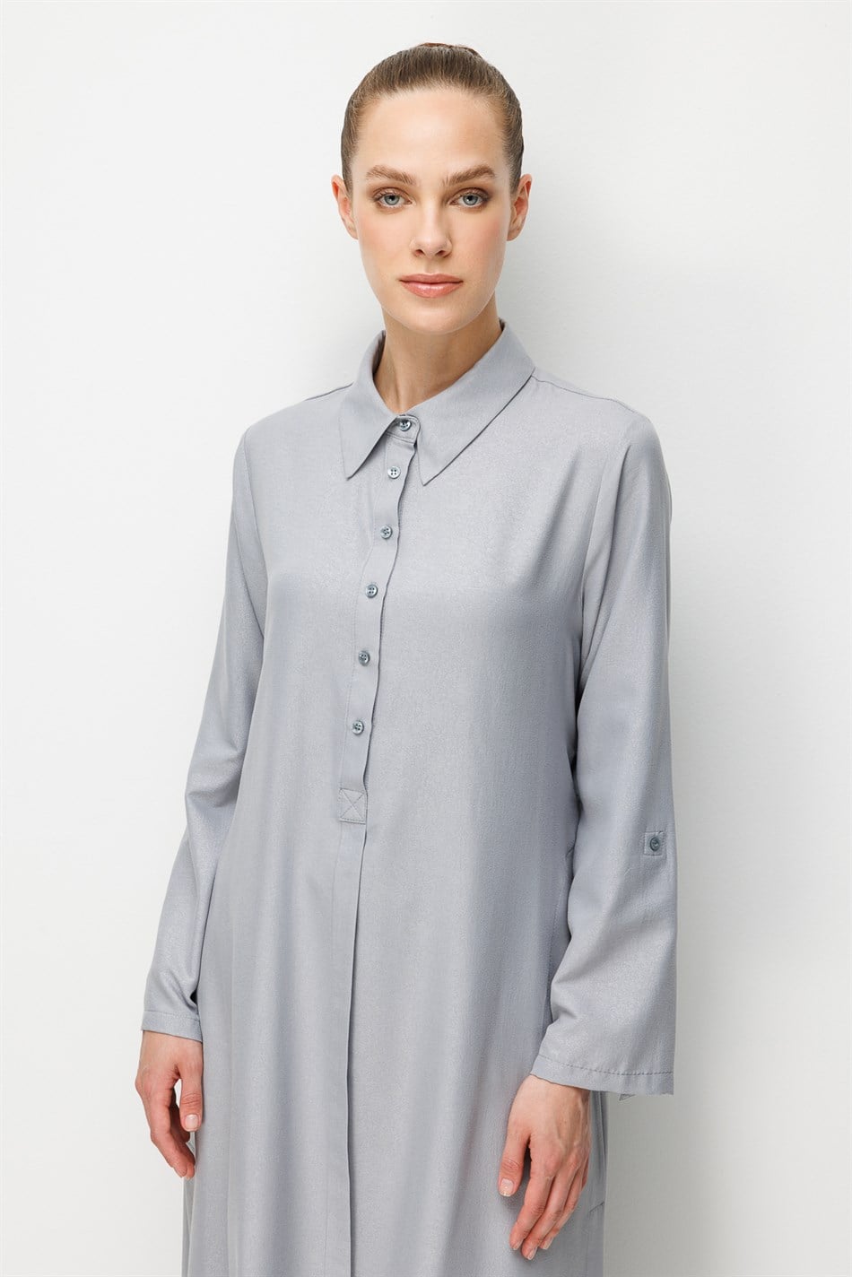 Kum Desen Maxi Tunik ve Pantalon Kombin Takım-Gri