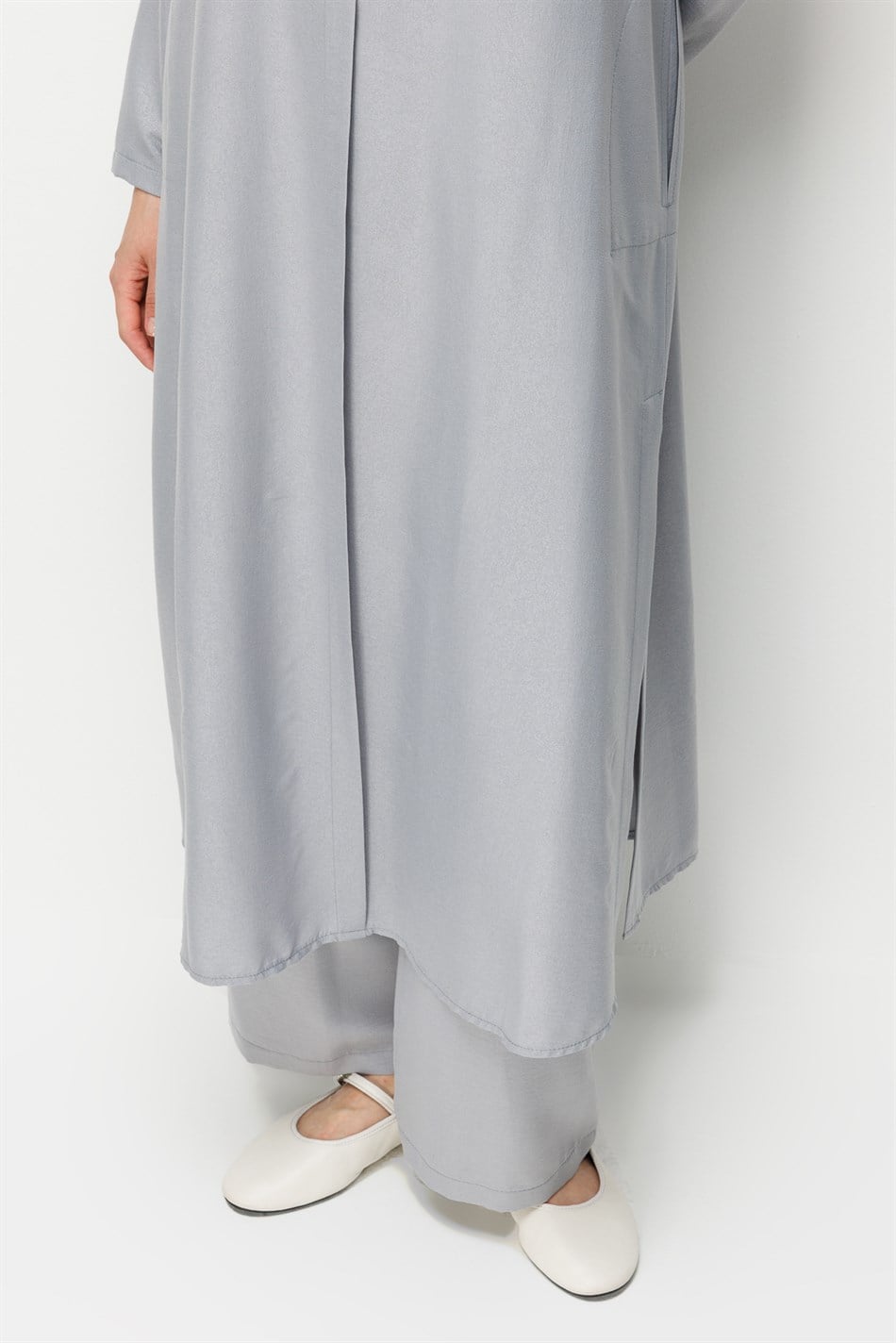 Kum Desen Maxi Tunik ve Pantalon Kombin Takım-Gri