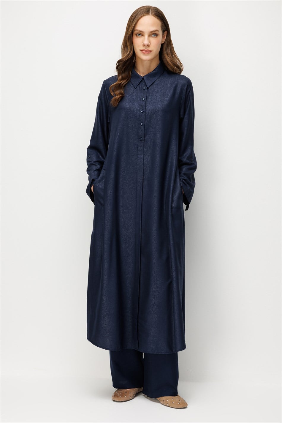 Kum Desen Maxi Tunik ve Pantalon Kombin Takım-Laci