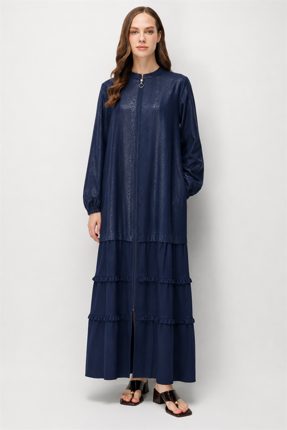 Qum Naxışlı və Laylı İpək Bəzəkli Sadə və Xüsusi Abaya - Tünd Göy