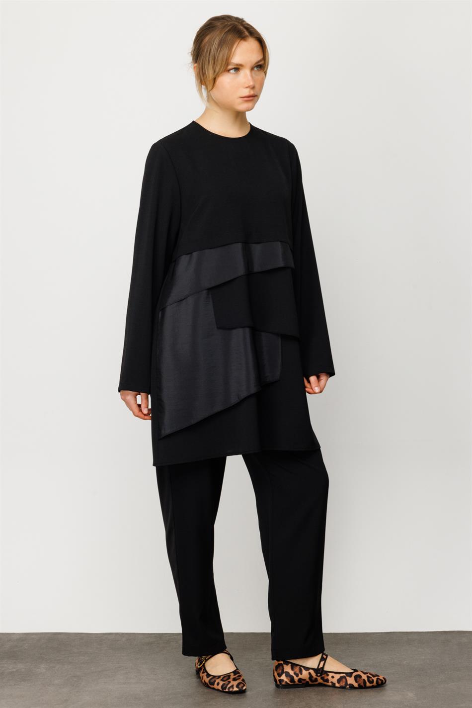 Layer Asimetrik Garni Detaylı Zor Kırışan Nefes Alan Özel Dokuma Kumaş İkili Takım-Siyah