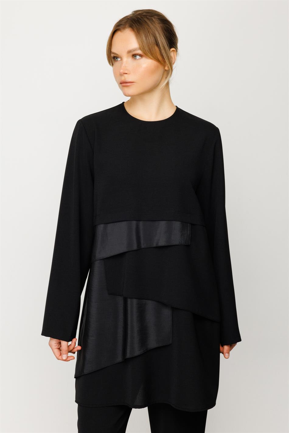 Layer Asimetrik Garni Detaylı Zor Kırışan Nefes Alan Özel Dokuma Kumaş İkili Takım-Siyah