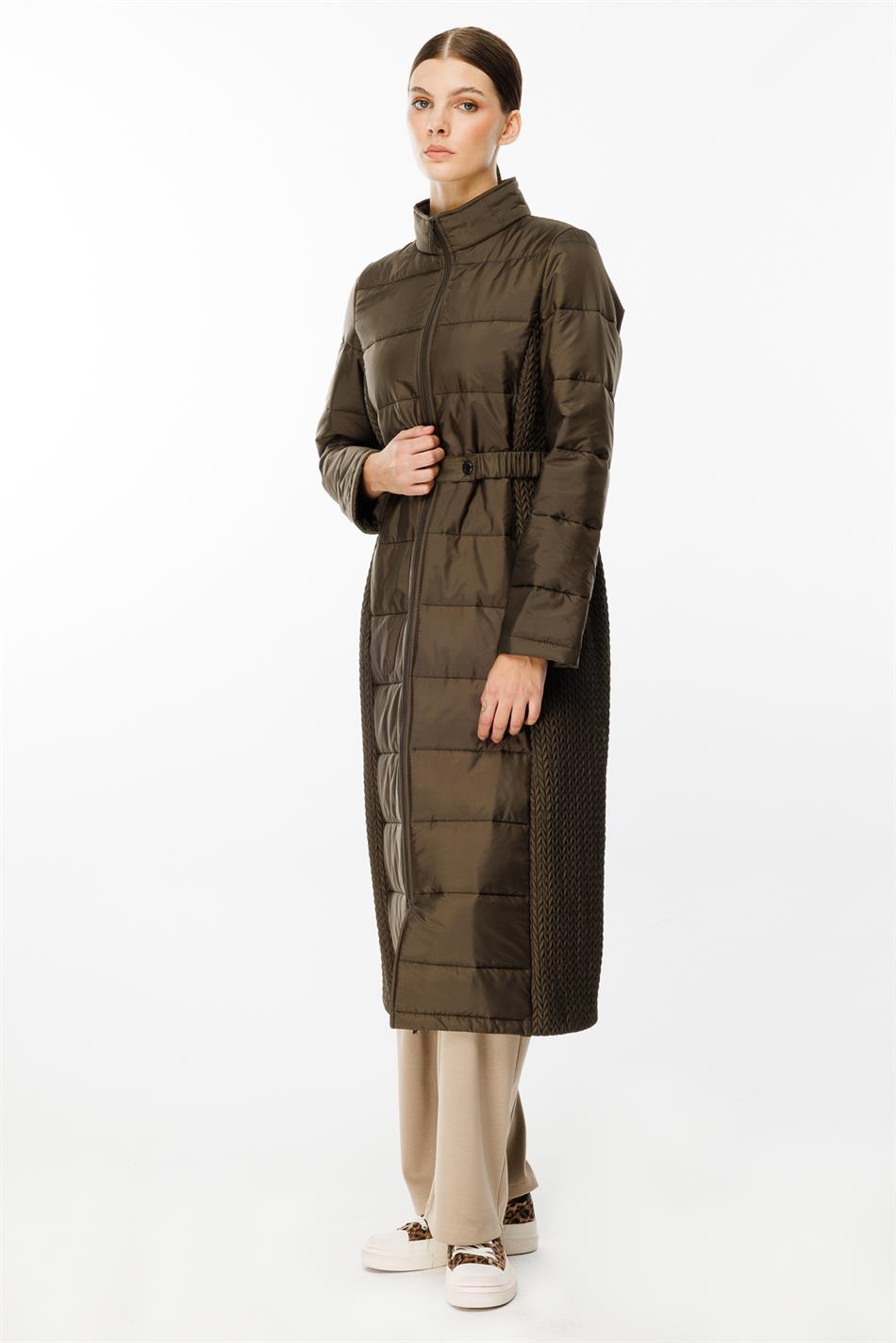 Leaf Patterned Side Flexible Quilted Woven Padded Coat Jacket - Khaki
