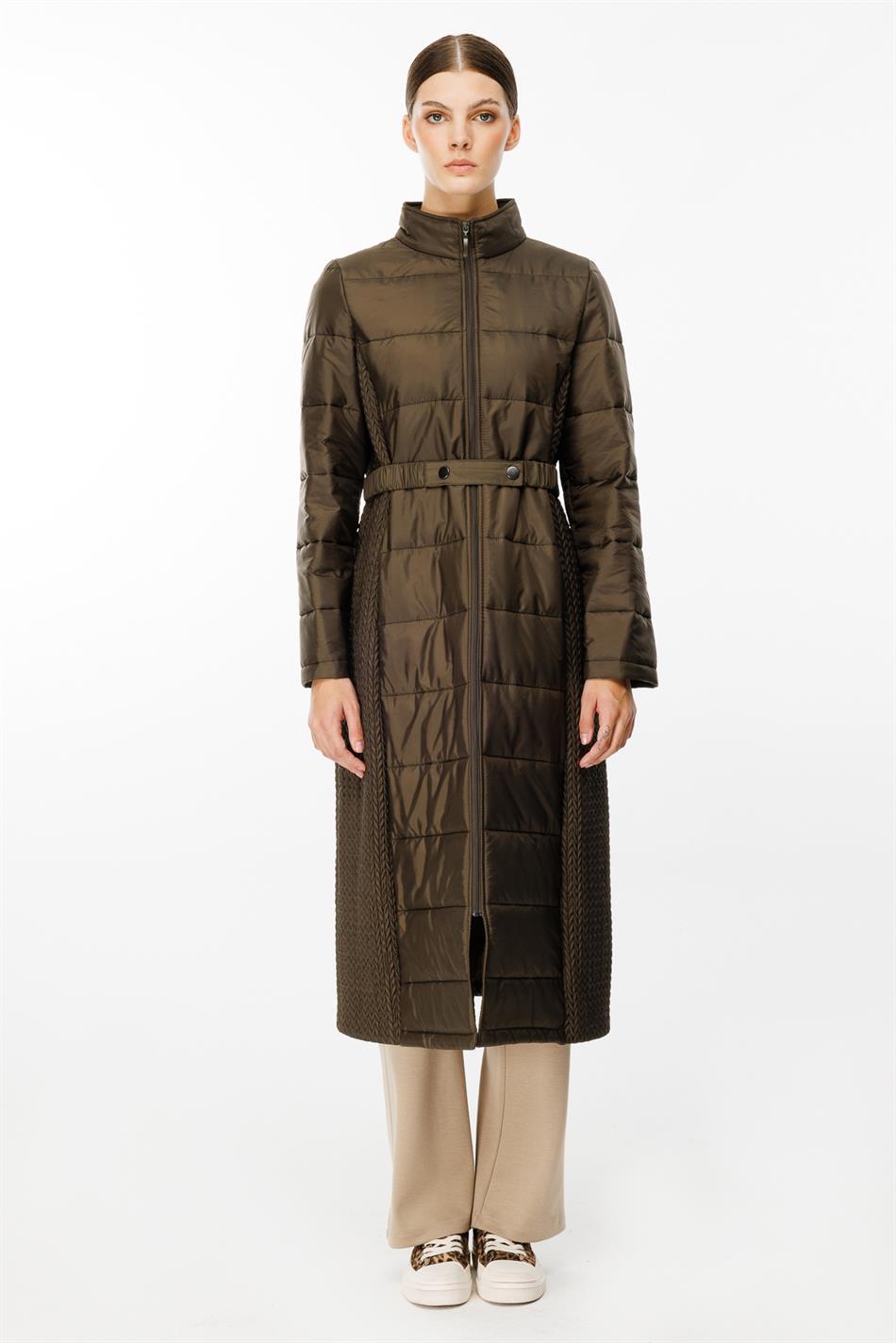 Leaf Patterned Side Flexible Quilted Woven Padded Coat Jacket - Khaki