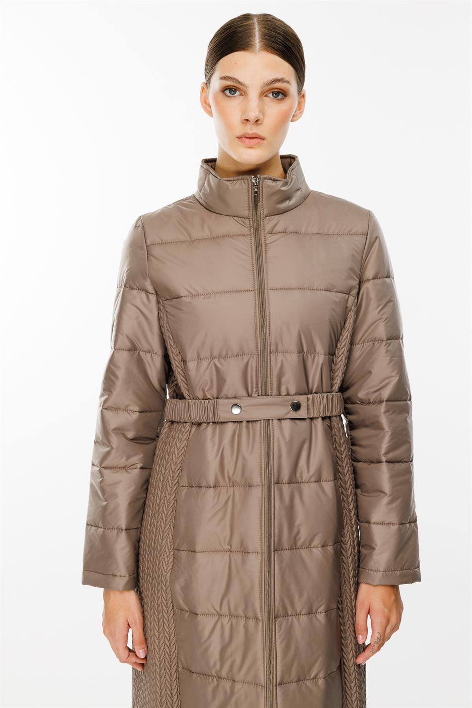 Leaf Patterned, Side-Stretch Quilted Woven, Padded Coat/Jacket - Mink