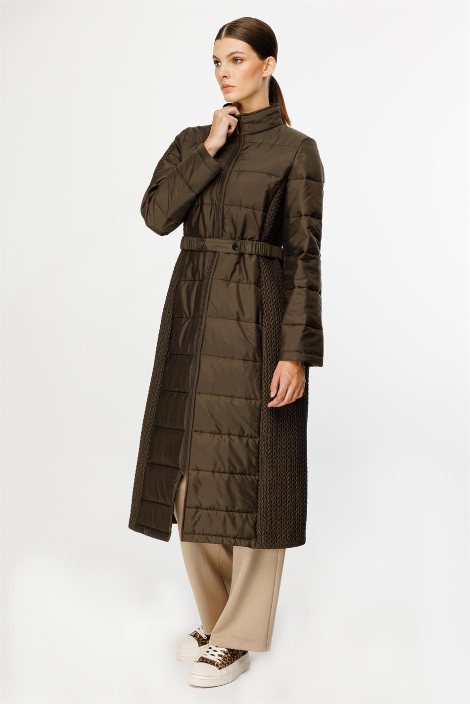 Leaf Patterned Side Flexible Quilted Woven Padded Coat Jacket - Khaki