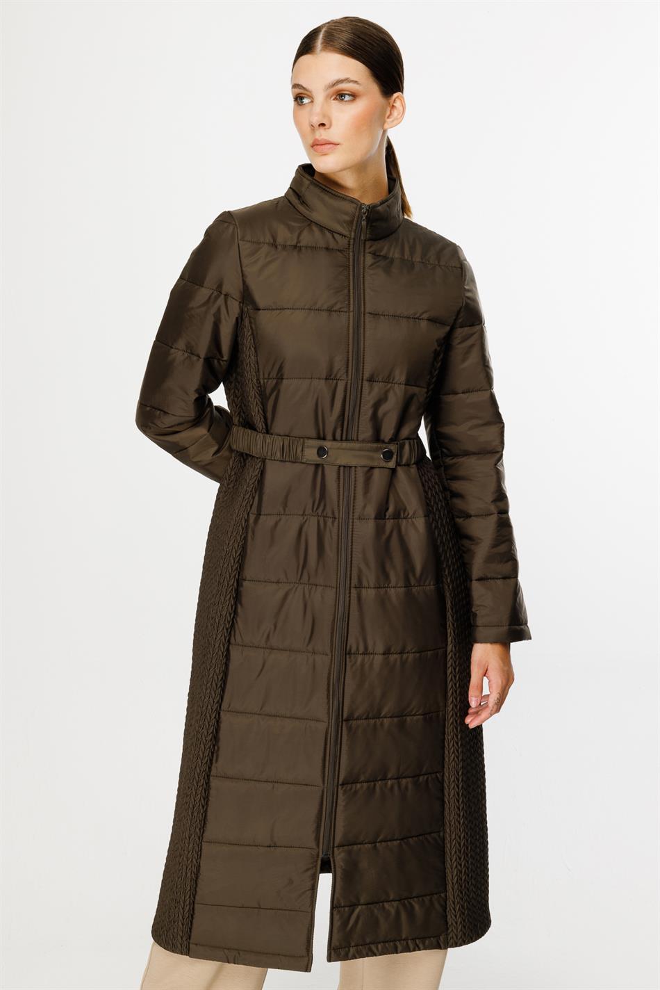 Leaf Patterned Side Flexible Quilted Woven Padded Coat Jacket - Khaki